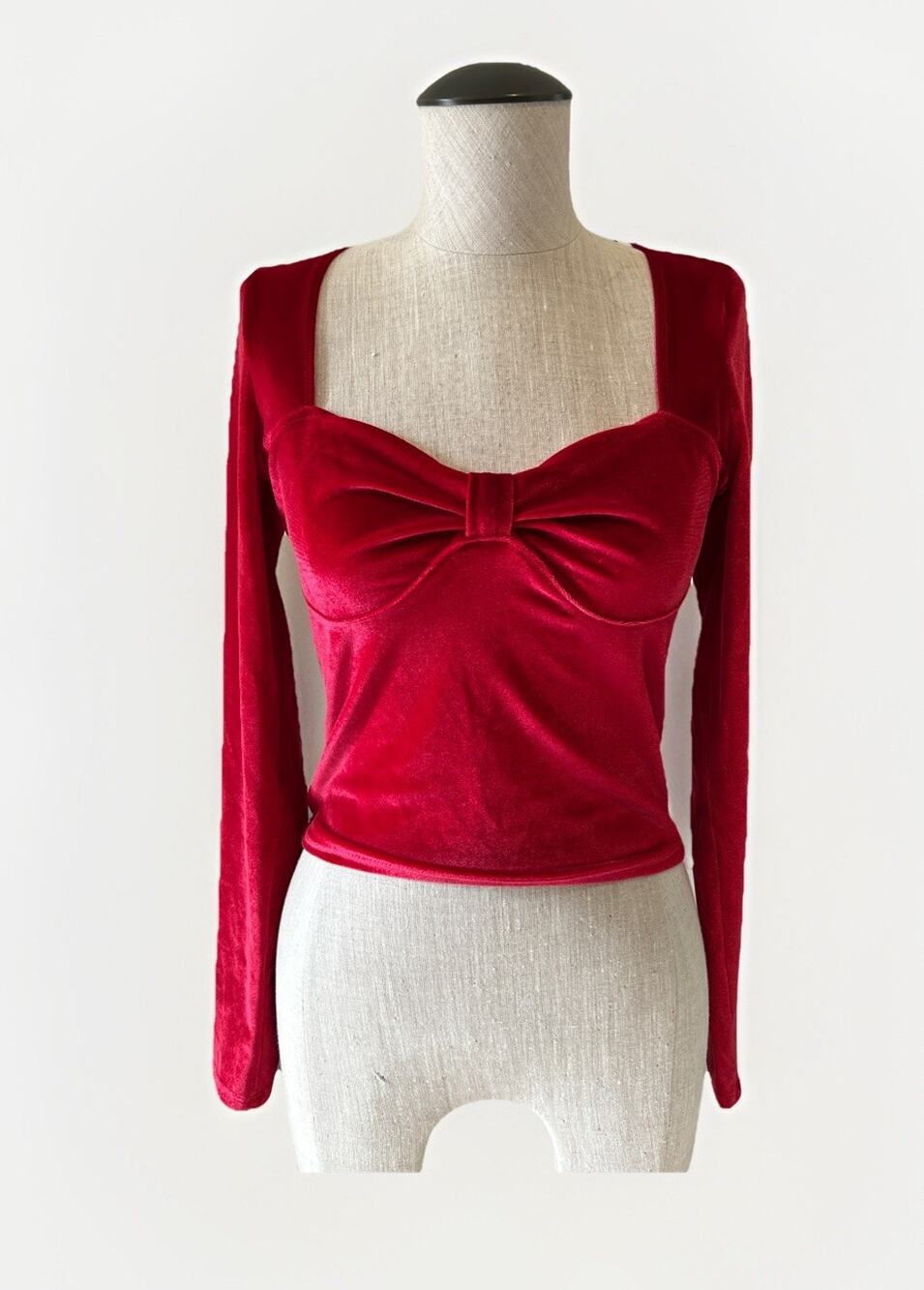 NWT-Hollister Coquette Women's Red Velvet Crop-top Long Sleeve Sz Small